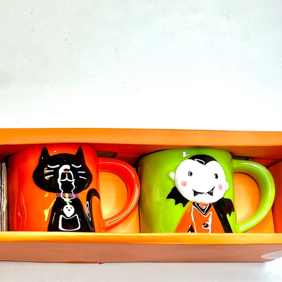 Set of 4 Halloween Ceramic Espresso Coffee Mugs Vampire Cat Skeleton Pumpkin - Picture 8 of 12